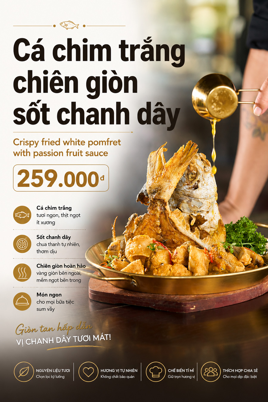 Cá chim trắng chiên giòn sốt chanh dây